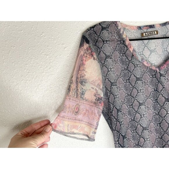 AGOLDE Vintage Mesh Top Y2K 00s Sheer Small Snake Print Mixed Media Romantic - Picture 4 of 10